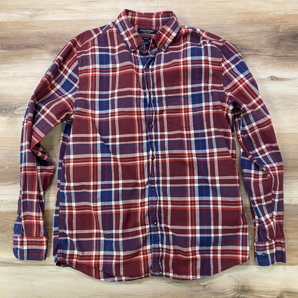 Banana Republic Shirt Large Luxe Flannel Slim Maroon Plaid Cotton Button Down